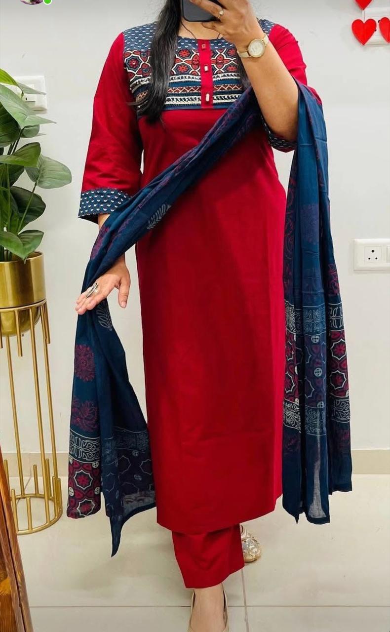 PREMIUM COTTON SLUB EMBROIDERED READYMADE KURTA SET